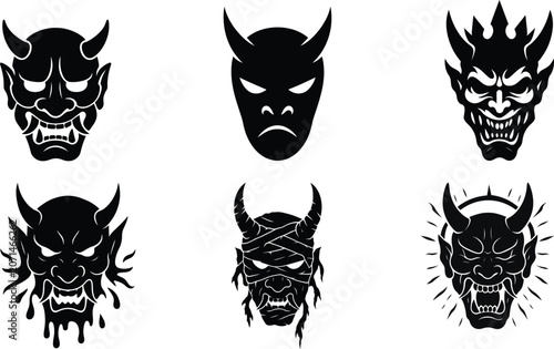 Oni Mask Demon Silhouette Bundle Set with Powerful Japanese Horror Faces