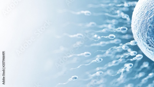 Sperm cells swimming towards egg cell for fertilization. Biological microscopic view of reproduction process. Medical science concept of conception, fertility and human development research.