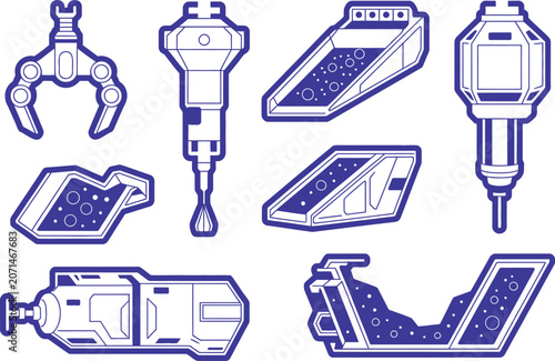 Collection of futuristic mechanical components and engineering parts, Architectural Drawing CAD design