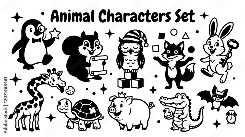 Obraz premium Cute Cartoon Funny Animal Characters Set for Kids Book and Nursery Design