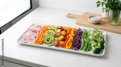 Premium Vegetable Platter Display Featuring Luxury Fresh Produce Selection Arranged on a White Ceramic Tray for Healthy Gourmet Dining
