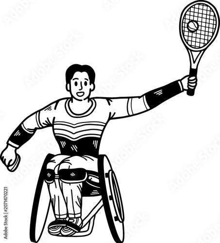 black and white illustration of Paralympian tennis player with a disability