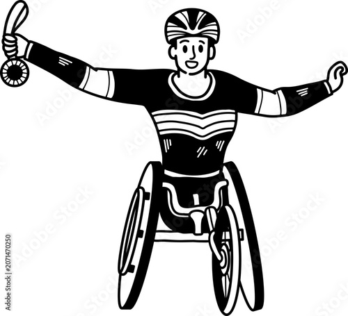 black and white of A male Paralympic athlete with a disability holds a gold medal