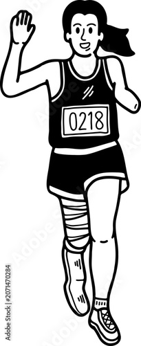 black and white illustration of Paralympic athlete with a disability is running