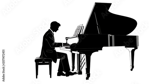 Black and white silhouette of man playing grand piano.