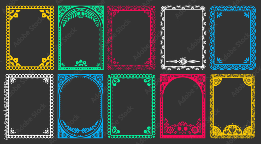 Fototapeta premium Mexican frames with vibrant floral pattern, latino folk motifs, vector posters, ethnic background. Colorful flower border design for Day of the Dead party cards, festive invites with skull, candles