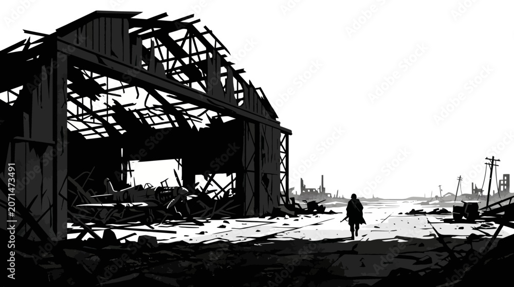 Fototapeta premium Lone Survivor Standing Near Destroyed Building After War Illustration
