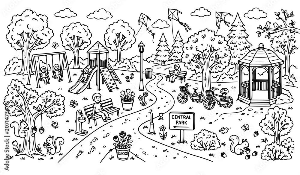 Fototapeta premium Black and White Park Objects Doodle Set with Nature and Recreation Elements