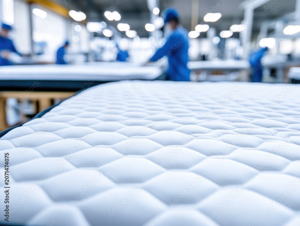 Obraz premium Mattress factory interior bed textile quilted white production assembly worker manufacturing blur industrial workshop production line upholstery fabric padding cushion comfort sleep hygiene