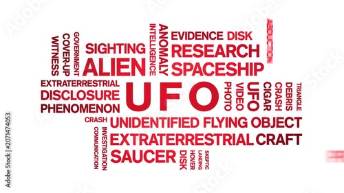 UFO animated word cloud-Unidentified Flying Object animation tag kinetic typography seamless loop.