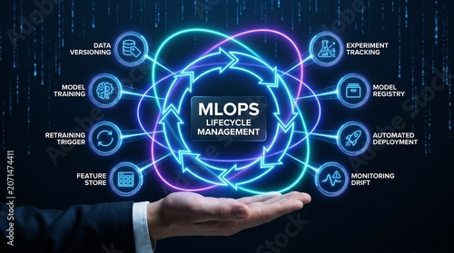 Mlops lifecycle management process with hand holding circular flowchart