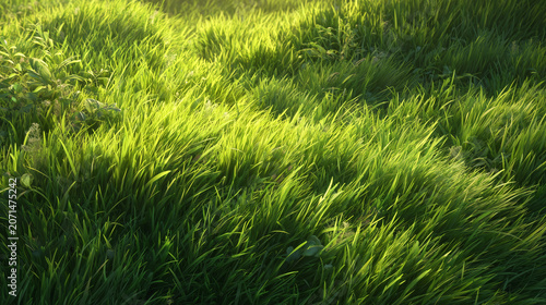 Top Down View of Sunlit Green Grass Lawn Detailed Texture Nature Background