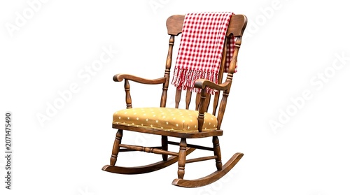Wooden rocking chair with a red and white plaid blanket illustration