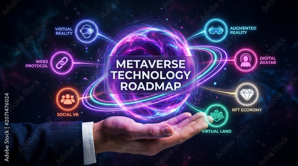 Fototapeta premium Metaverse technology roadmap concept with hand holding glowing purple planet