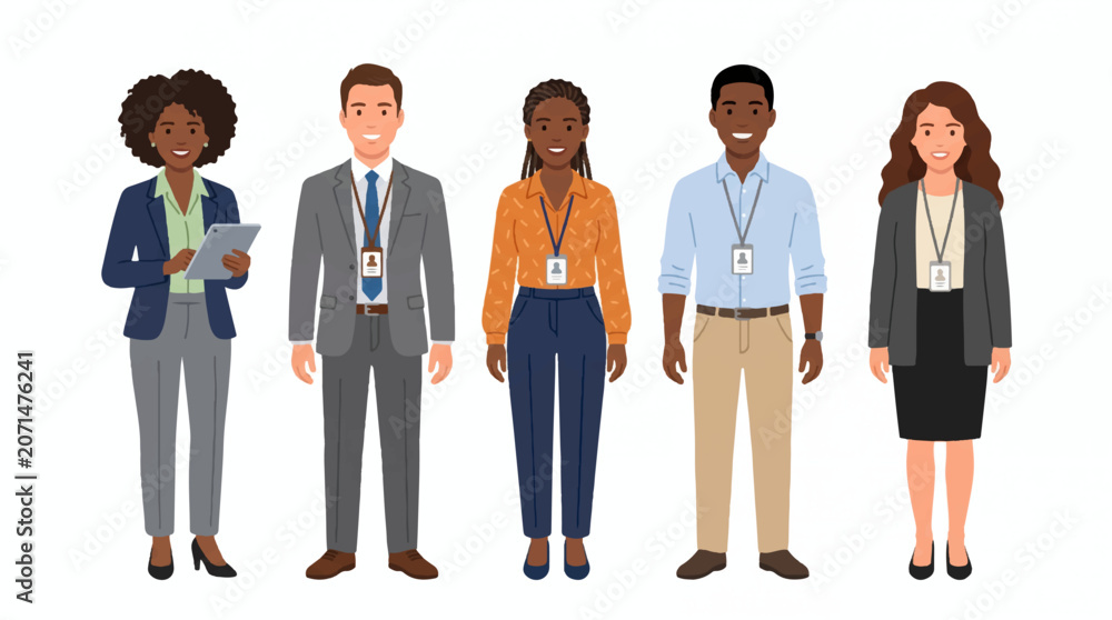 Fototapeta premium Diverse team of professional office employees and business staff with ID badges, standing in business casual attire, vector illustration.