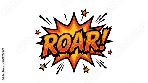 Vibrant vector graphic illustration featuring the word roar styled as a colorful comic book explosion with dynamic orange halftone patterns