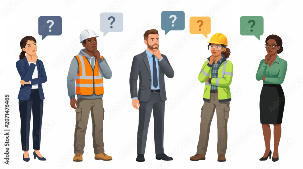 Obraz premium Diverse professional people in business and industrial attire thinking with question mark speech bubbles, flat vector illustration.