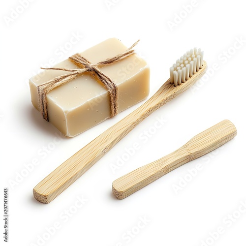 Natural soap and bamboo toothbrushes on white background