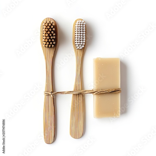 Bamboo toothbrushes and soap bar on white background