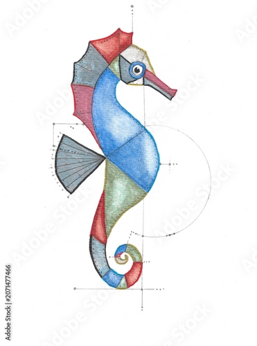 Colorful Geometric Watercolor Seahorse With Blueprint Construction Lines On White Background, Hand Drawn Marine Animal Illustration For Ocean, Nautical Design And Creative Education