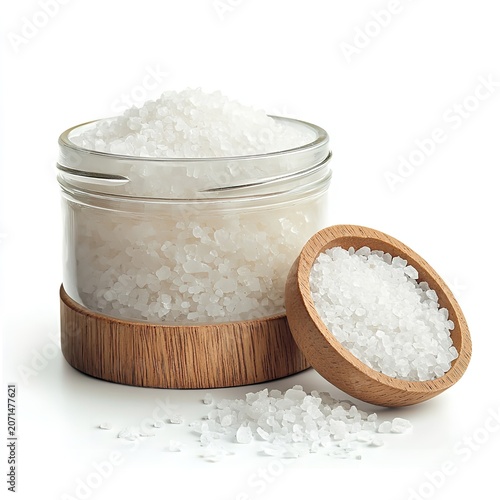 Coarse Salt in Glass Jar and Wooden Bowl