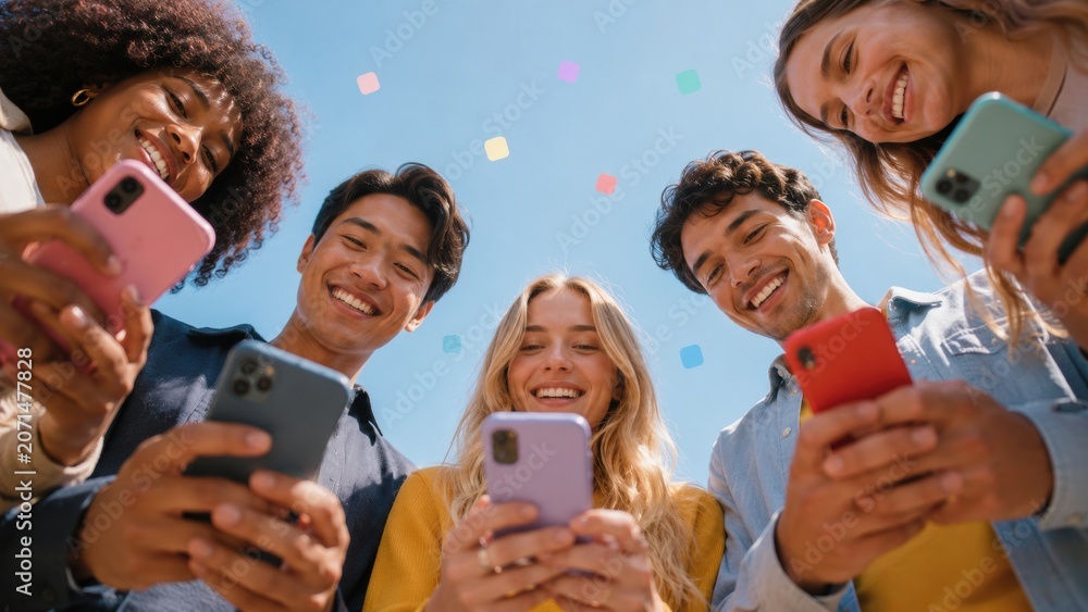 Obraz premium Friends using colorful smartphones outdoors