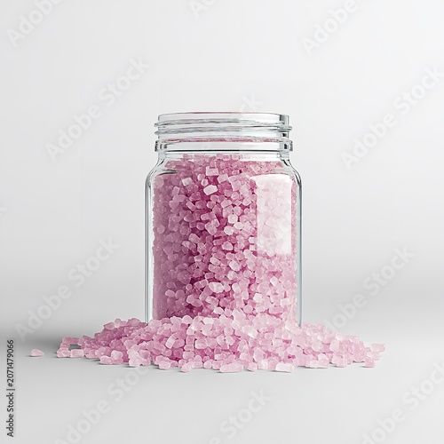 Pink Himalayan salt crystals in glass jar, scattered on white surface