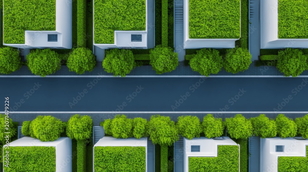 Fototapeta premium aerial view of clean sustainable city, green rooftops urban trees bike lanes, pollution prevention through smart planning, high resolution drone photography, realistic color grading