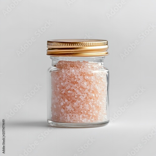 Pink Himalayan salt in a small glass jar with gold lid