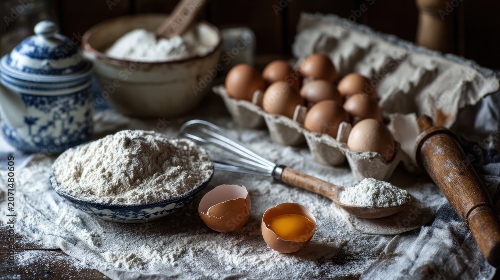 Fototapeta premium Baking ingredients eggs, flour, whisk, in a rustic, cozy kitchen, preparing for baking