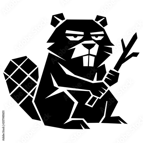 Geometric Black Beaver Holding Branch Illustration