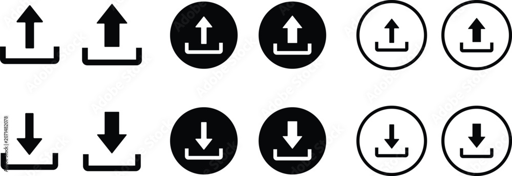 Foto Upload and download icons with arrows in solid linear circular frames for digita