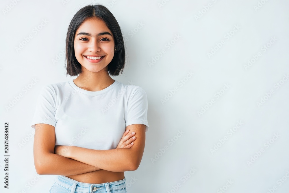 Fototapeta premium Portrait of a young woman with a bob haircut smiling with arms crossed isolated on white background