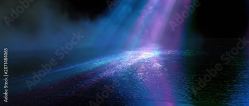 Glowing plasma blue and purple light beams descending onto a reflective black surface with misty volumetric fog for tech and gaming backgrounds