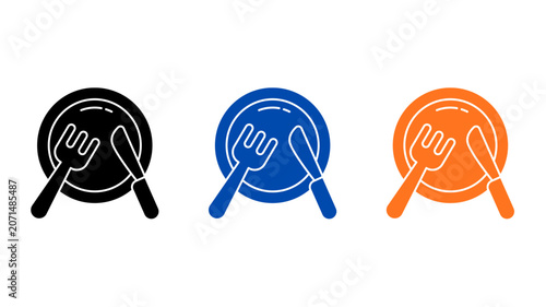 Foto Three colorful dinner plate icons with fork and knife utensils isolated backgrou