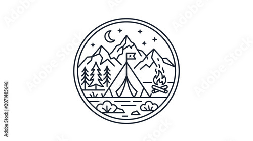 Minimalist outdoor adventure emblem featuring a tent, mountains, and campfire under a starry sky, perfect for camping enthusiasts and nature lovers