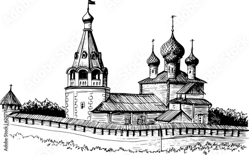 Obraz na plátne Black and white of a russian orthodox monastery with onion domes and bell tower