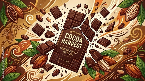 Artisanal dark chocolate bar breaking into pieces with cocoa beans
