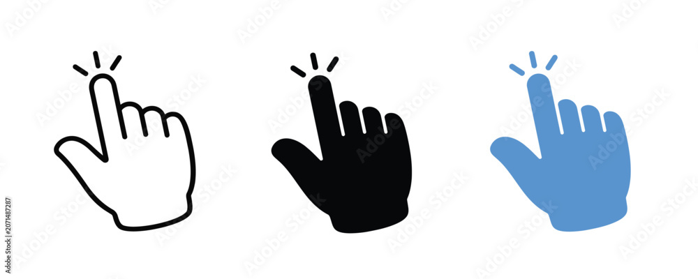 Fototapeta premium Hand Cursor Click Icon Set - Outline, Silhouette and Color Vector Bundle