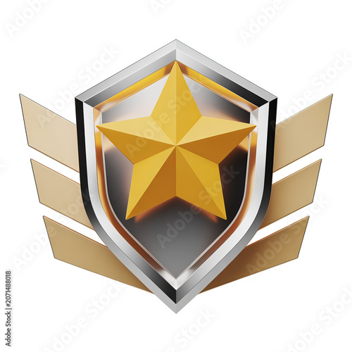 Close-up of a golden star badge with shield design