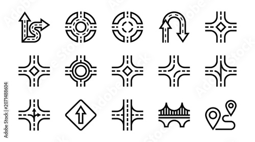 Line art vector icons for navigation and road maps. Features essential symbols like intersections, roundabouts, turns, and location markers for route planning and directional signage projects