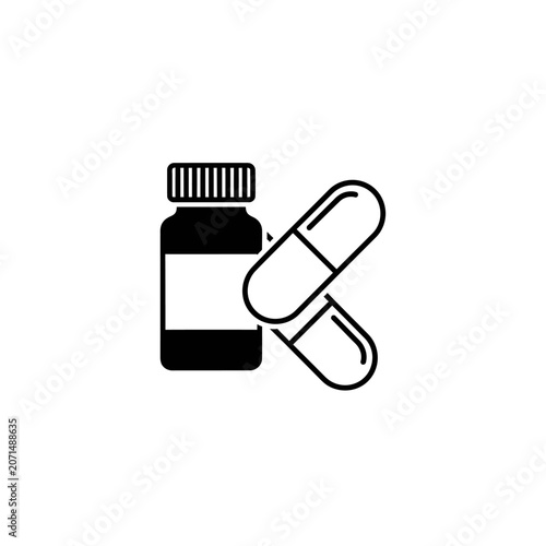 Black icon of medicine bottle and pills.