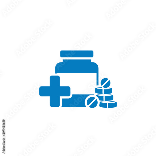 Medical symbol with pills and bottle.