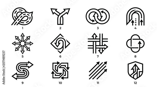A versatile collection of dynamic arrow icons representing various interconnected paths, directions, and conceptual elements of flow, process, and strategic choice