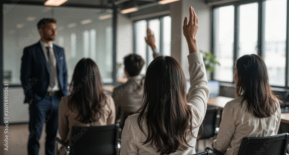 Obraz premium Business Meeting Discussion Team Raising Hands in Modern Office