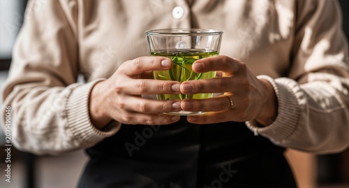 Woman holding clear glass of green tea, relaxed moment, wellness, healthy lifestyle.