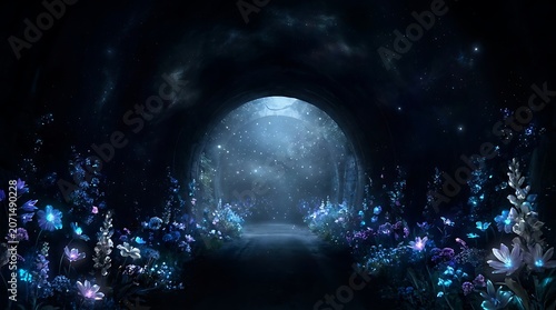 Glowing blue flowers illuminate a mysterious stone tunnel entrance under a dark starry night sky featuring magical sparkles and ethereal dreamlike light in this digital composition.