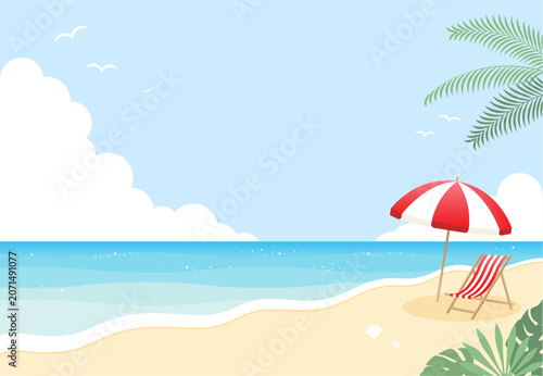 ビーチパラソルとビーチチェアのある夏の砂浜の背景イラスト素材 ベクター 定番 夏 リゾート 海
