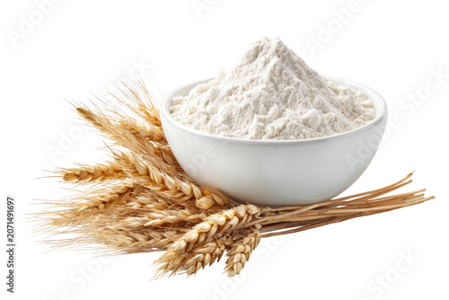 Bowl of wheat flour with wheat stalks isolated on transparent background.
