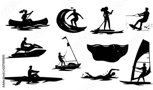 Foto Water Sports Athlete Character Collection with Men and Women Surfing Snorkeling